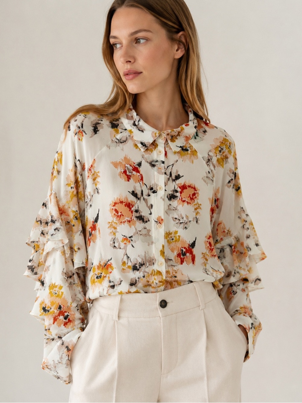 Part Two Klennie Blouse Size 40 | Abstract Floral Print | Ruffle Sleeve